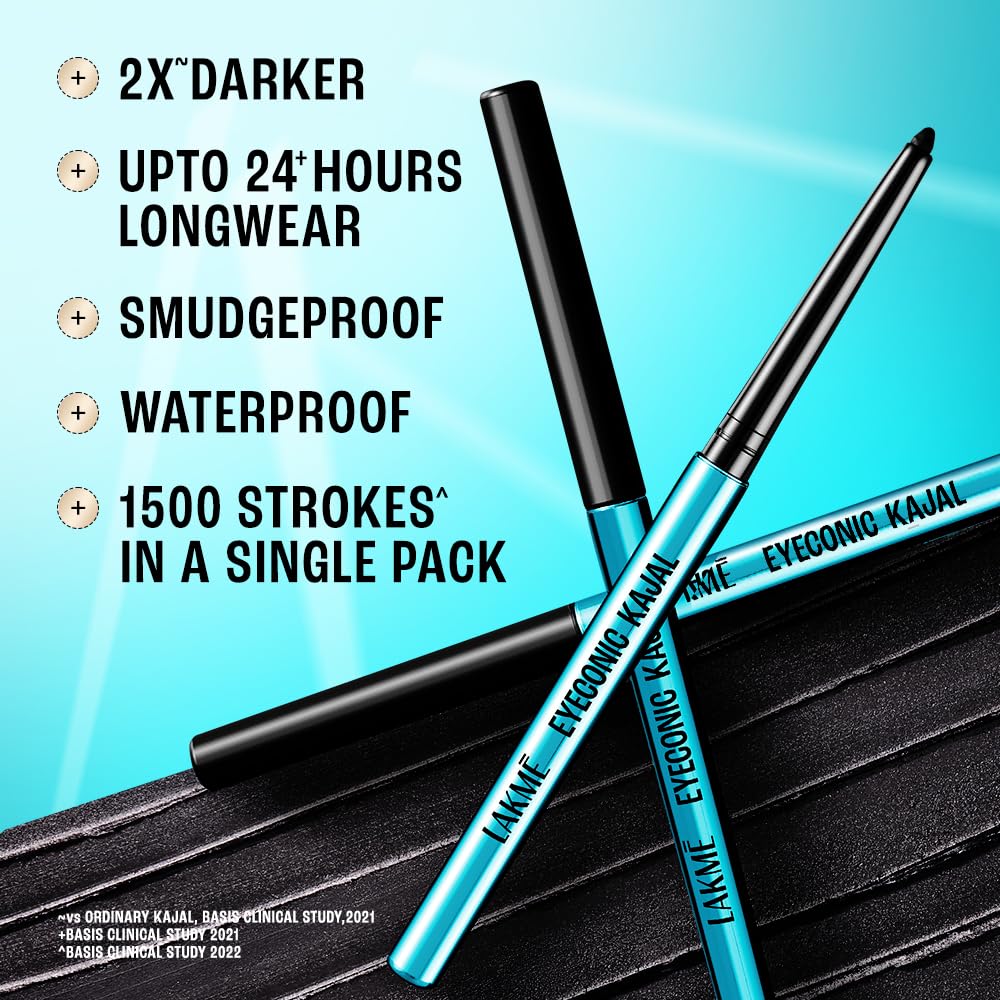 Lakme 9-5 Eyeconic Kajal, Deep Black, Smudgeproof and Waterproof that lasts upto 24H, for 2x dark pigment, 0.35g - View 5 of 6