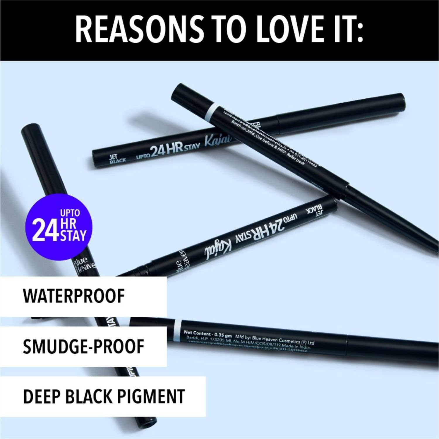 Blue Heaven 24HR Stay Kajal | Jet Black for Women | Smudge Proof Long Lasting | Eye Makeup Kajal Pencil | 0.30g - View 4 of 5