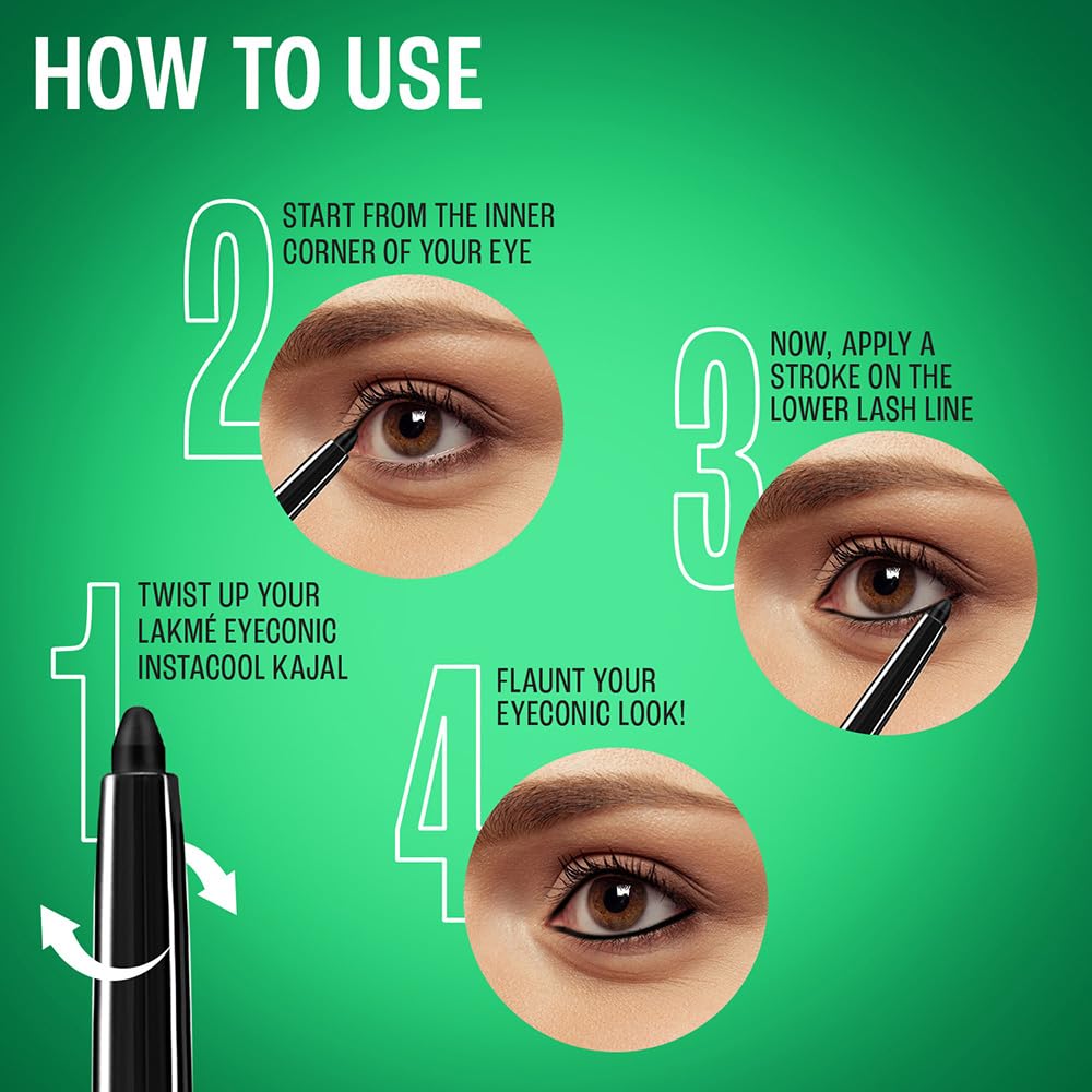 Lakme Eyeconic Insta Cool Kajal|| Black|| Cooling Kohl Liner with Cucumber|| Twist Up Pencil - Waterproof|| Smudge Proof & Long Lasting Eye Makeup|| 0.35 g - View 4 of 7