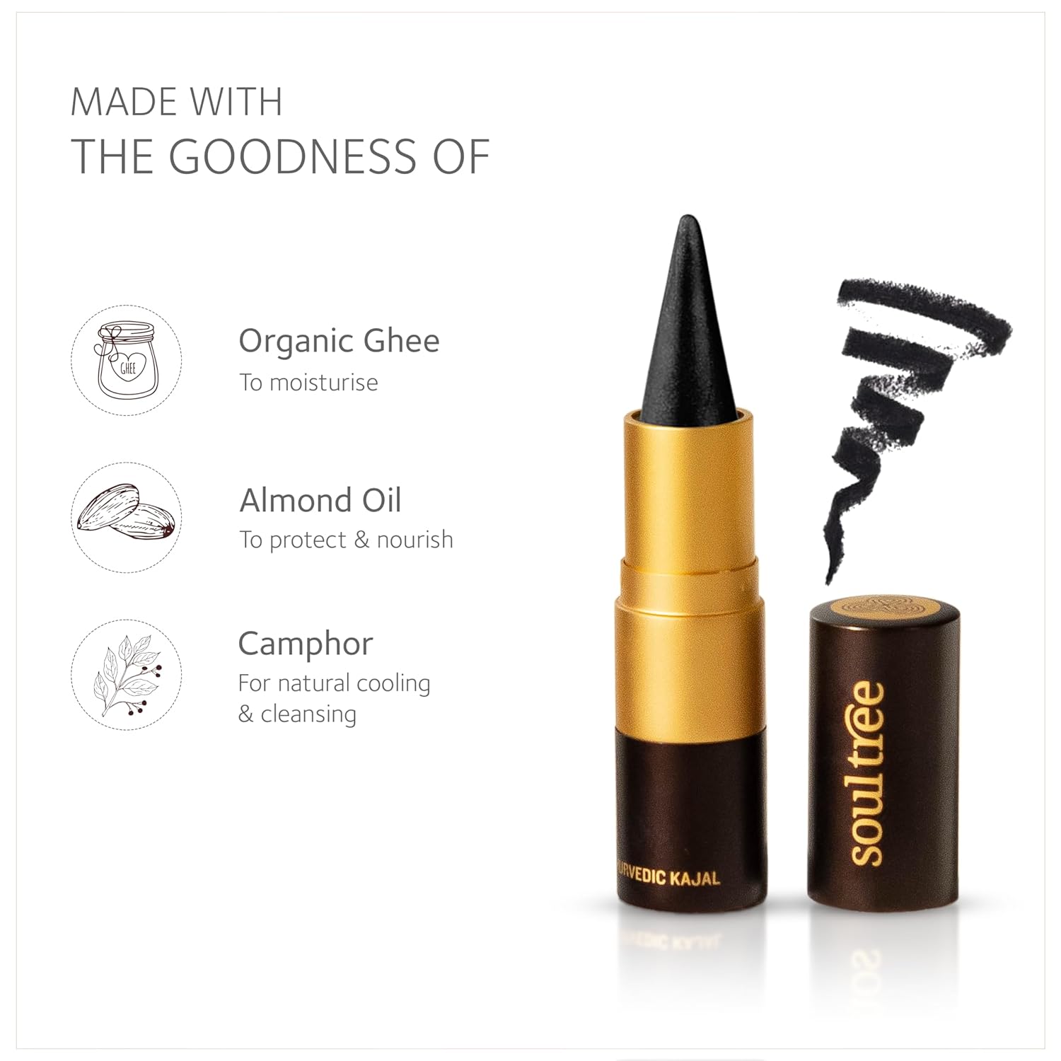 SoulTree Ayurvedic Kajal | Pure Black 011 | Black Shade | Enriched with 100% Organic Ghee, Almond Oil & Camphor | Soothe, Cool & Nourish Eyes | Soothes, Cools, and Nourishes Eyes with Gentle Care 3gm - View 5 of 6