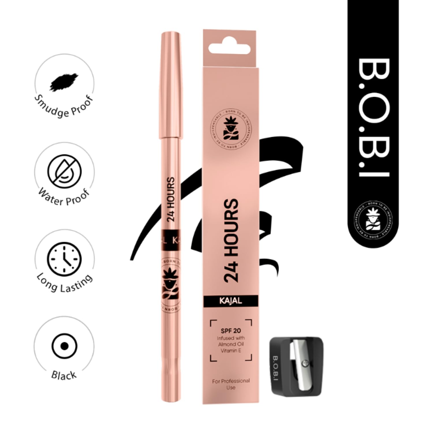 BOBI 24-Hour Kajal with Sharpener | Long-Lasting, Smudge-Proof, Matte Finish, Waterproof, Intense Black Bold Look Kohl Pencil | No Fade Texture | Deep Pigment for Eye Makeup | Infused with Vitamin E | 1.5g - View 7 of 7