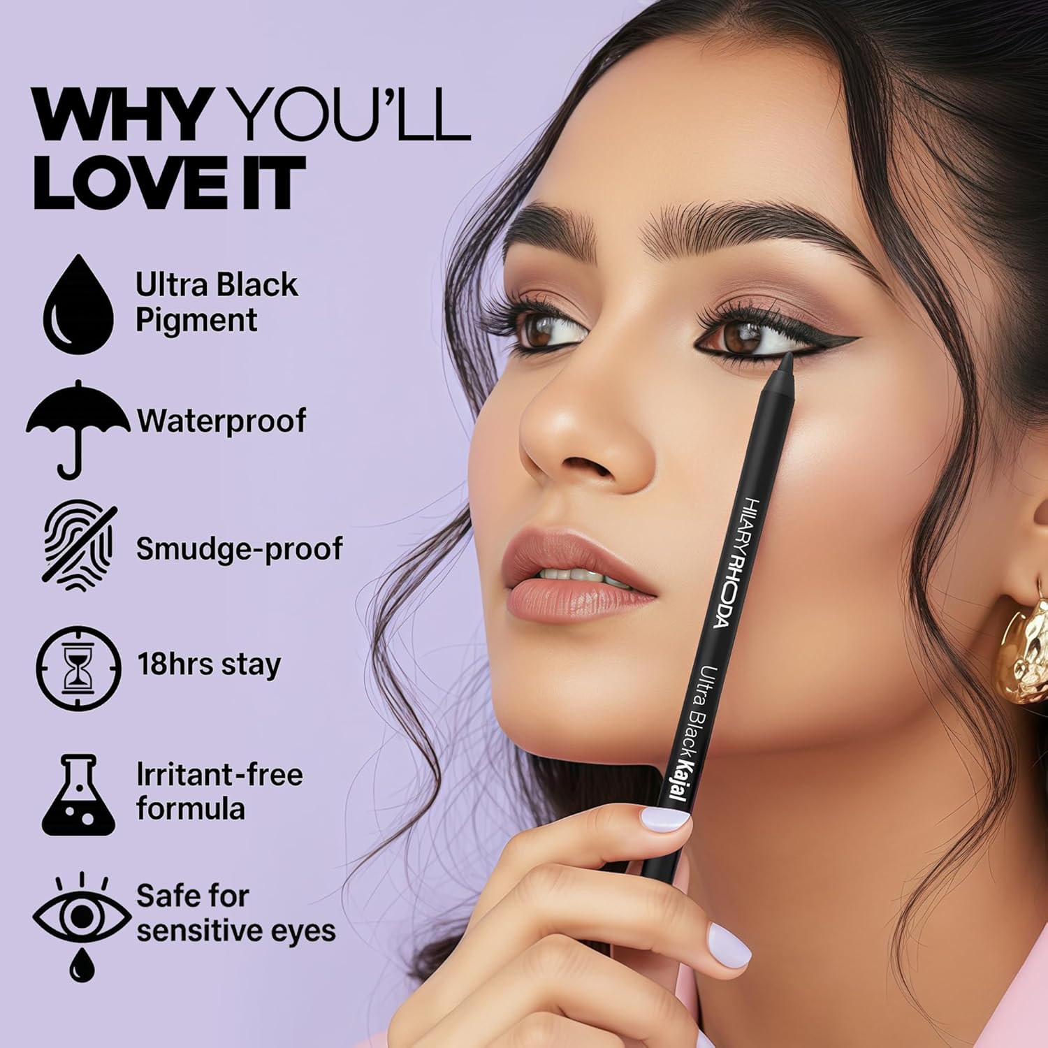 Hilary Rhoda Ultra Black Kajal With Sharpener | 18-Hour Stay | Smudge-Proof & Waterproof Black Kajal for Women | Suitable for Sensitive eyes - 1.2g - View 4 of 6