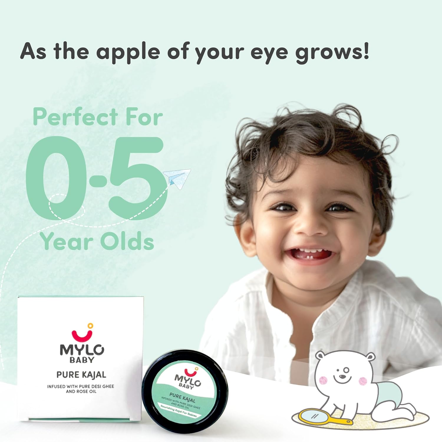 Mylo Baby Pure Kajal 5gm | Dermatologically Tested | 100% Natural with Pure Desi Ghee | SmudgeProof | Long Lasting | Water-Resistant | Soothes Dry Eyes - View 2 of 6