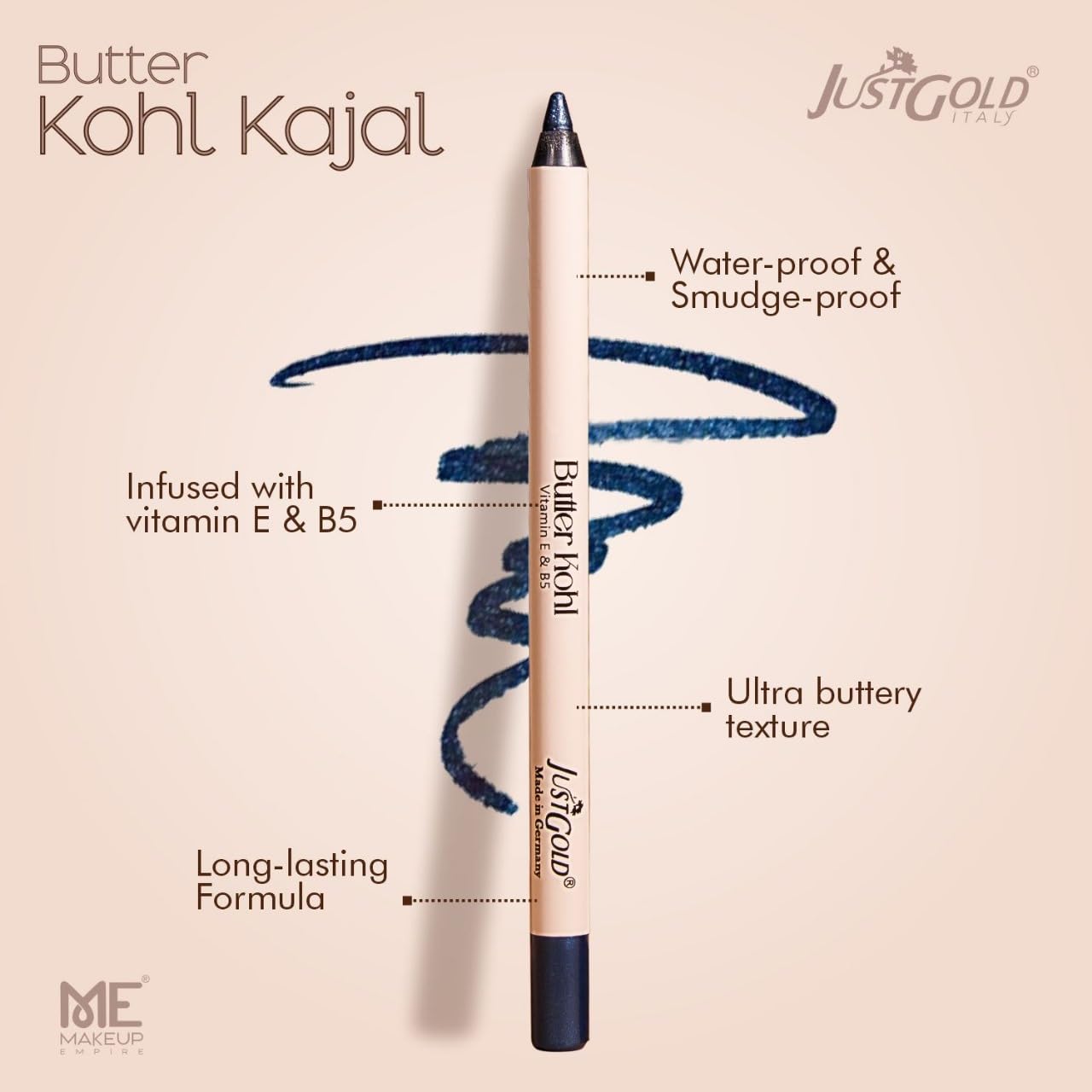 JustGold Butter Kohl Kajal Pencil Smudgeproof Waterproof and long lasting One Swipe Application Fadeproof Deep Matte Finish Enriched With Vitamin E & B5 (Sky) - View 4 of 4