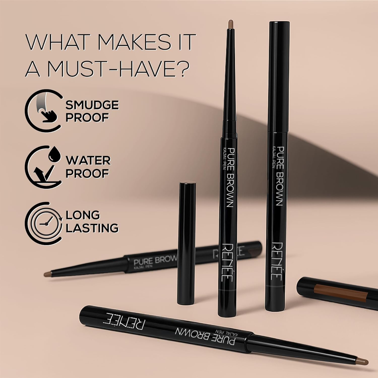 RENEE Pure Brown Kajal Pen with Sharpener |24 Hrs Stay Long Lasting Kohl Pencil |Matte Finish, Rich Color Payoff |Smudge & Water Proof with One Swipe Application Formula - 0.30gm - View 4 of 5