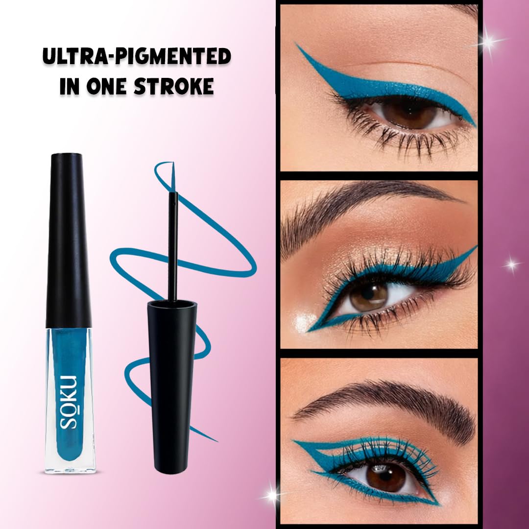 SOKU Eye Can See Intense Blue Liquid Glossy Eyeliner | Long Lasting Up To 24 Hours | Enriched With Castor Oil | Eyeliner Waterproof Smudge Proof (Show And Teal) - 2.5 Ml - View 4 of 6