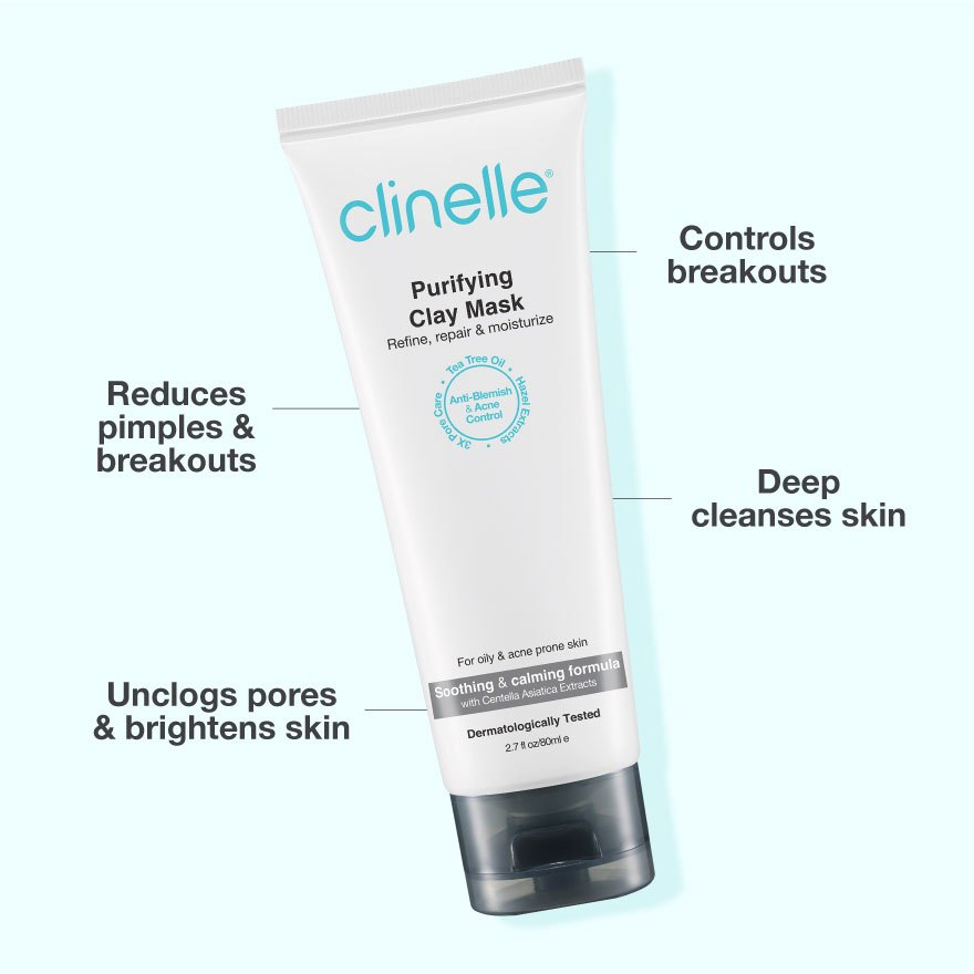 Clinelle Purifying Clay Mask 80ml Acne Control Face Mask for Oily and Acne-Prone Skin, Deep Pore Cleansing, Unclogs Pores, Brightens Skin, Oil Control Formula, Dermatologist Tested, Expiry Feb 2027 Use - View 3 of 3