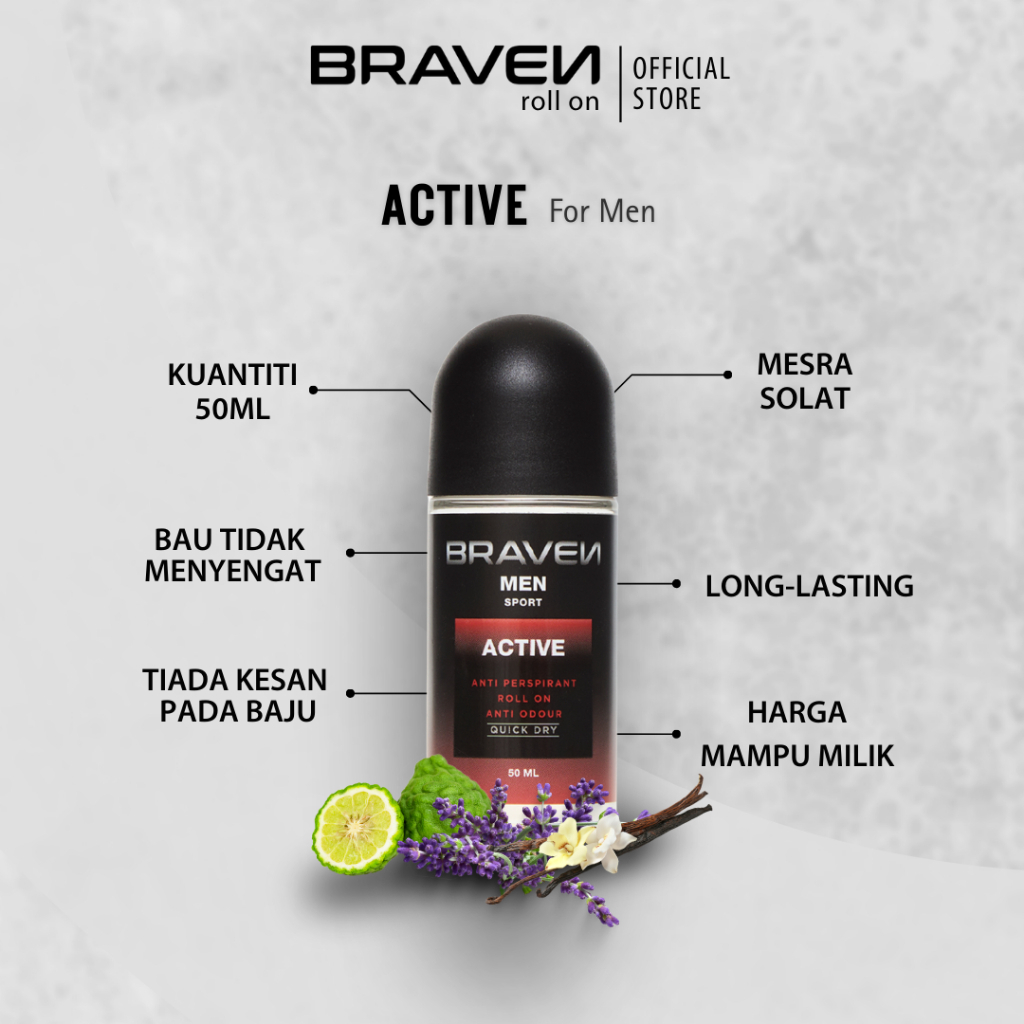 BRAVEN Sport Series Deodorant Roll On Men 50ml Antiperspirant Anti Odour Active Fresh Woody Fragrance Long Lasting Sweat Protection Underarm Care Smooth Dry Comfort Daily Use Men Grooming Formula - View 3 of 3