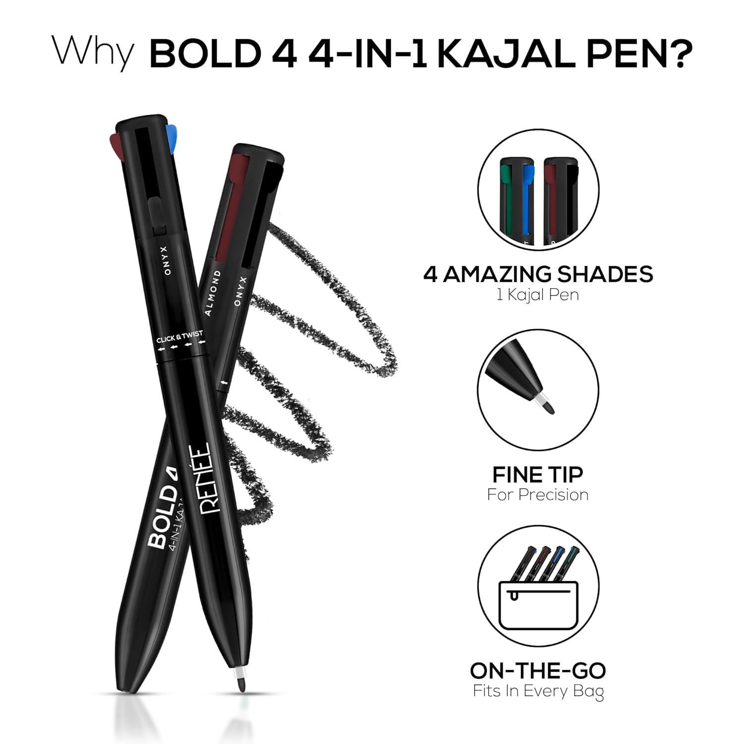 RENEE Bold 4-4-in-1 Kajal - Four Shades Black, Brown, Teal & Blue | Matte Finish | Rich Color Payoff | One-stroke Application | Travel Friendly | Easy to Use - View 4 of 5