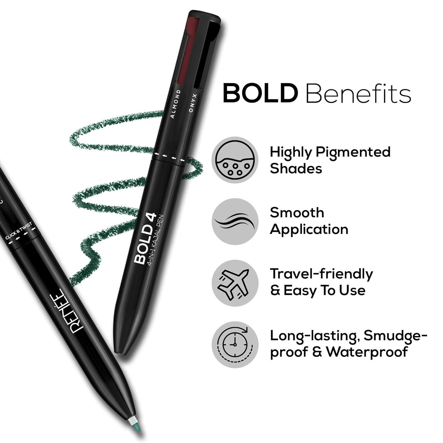 RENEE Bold 4-4-in-1 Kajal - Four Shades Black, Brown, Teal & Blue | Matte Finish | Rich Color Payoff | One-stroke Application | Travel Friendly | Easy to Use - View 5 of 5