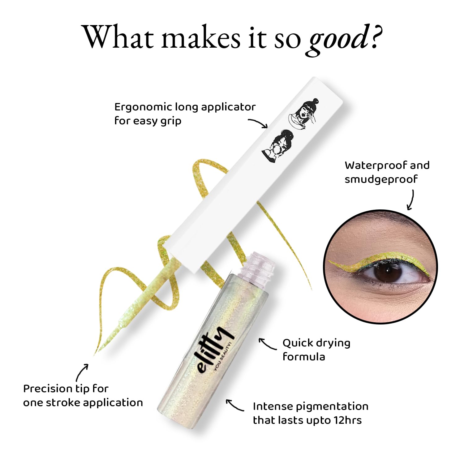 Elitty Holographic Eyeliner 4g - Halo With Ombre Shimmery Finish | Long Lasting, Waterproof, Smudge Proof Liquid Eyeliner | Quick Drying Formula With Monochrome Effect - Shade (Golden Green) - View 6 of 7