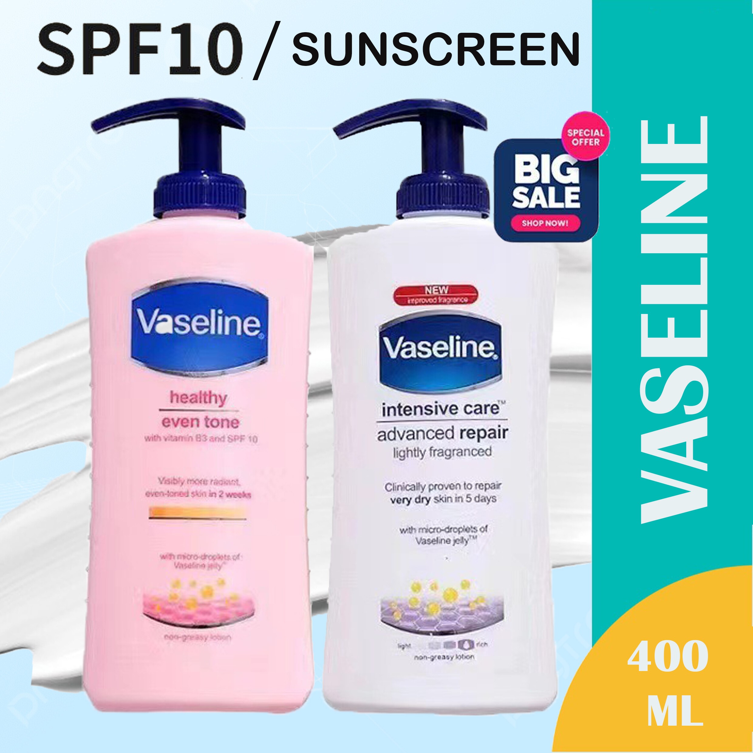 EMAZE - Vaseline Body Lotion 400ml, Original Vaseline Healthy Even Tone with Vitamin B3 and SPF 10 Non-greasy Lotion, Vaseline Healthy Even Tone Whiten Lotion-VS-WHITE(FROM MALAYSIA) - View 3 of 3