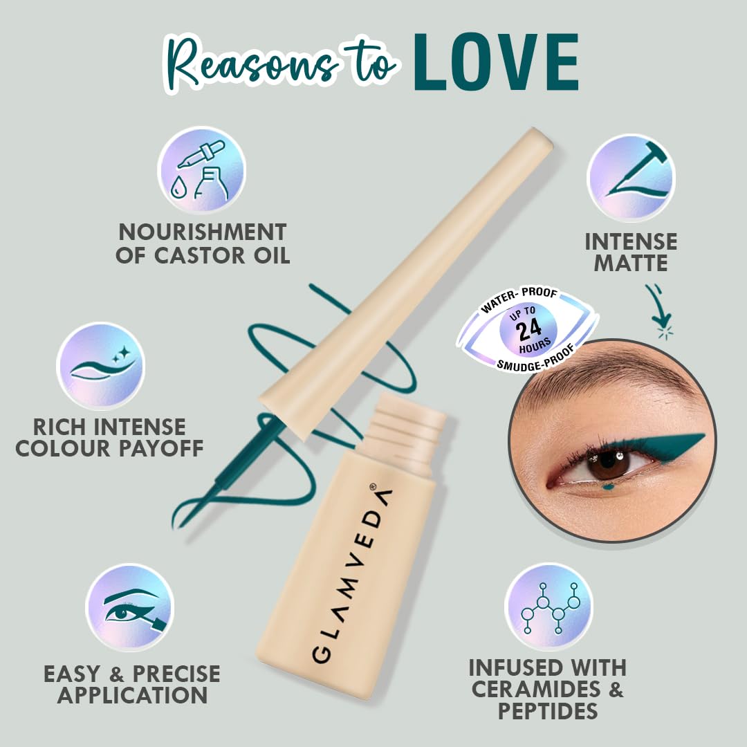 Glamveda Liquid Eye Liner, Teal Green, Long Lasting Matte Waterproof Liner - Smudge Proof, Transfer Proof Eye Makeup, Bold, Clean, Smudge-Free Look 24-Hour Long Stay 4.5 ml - View 3 of 6