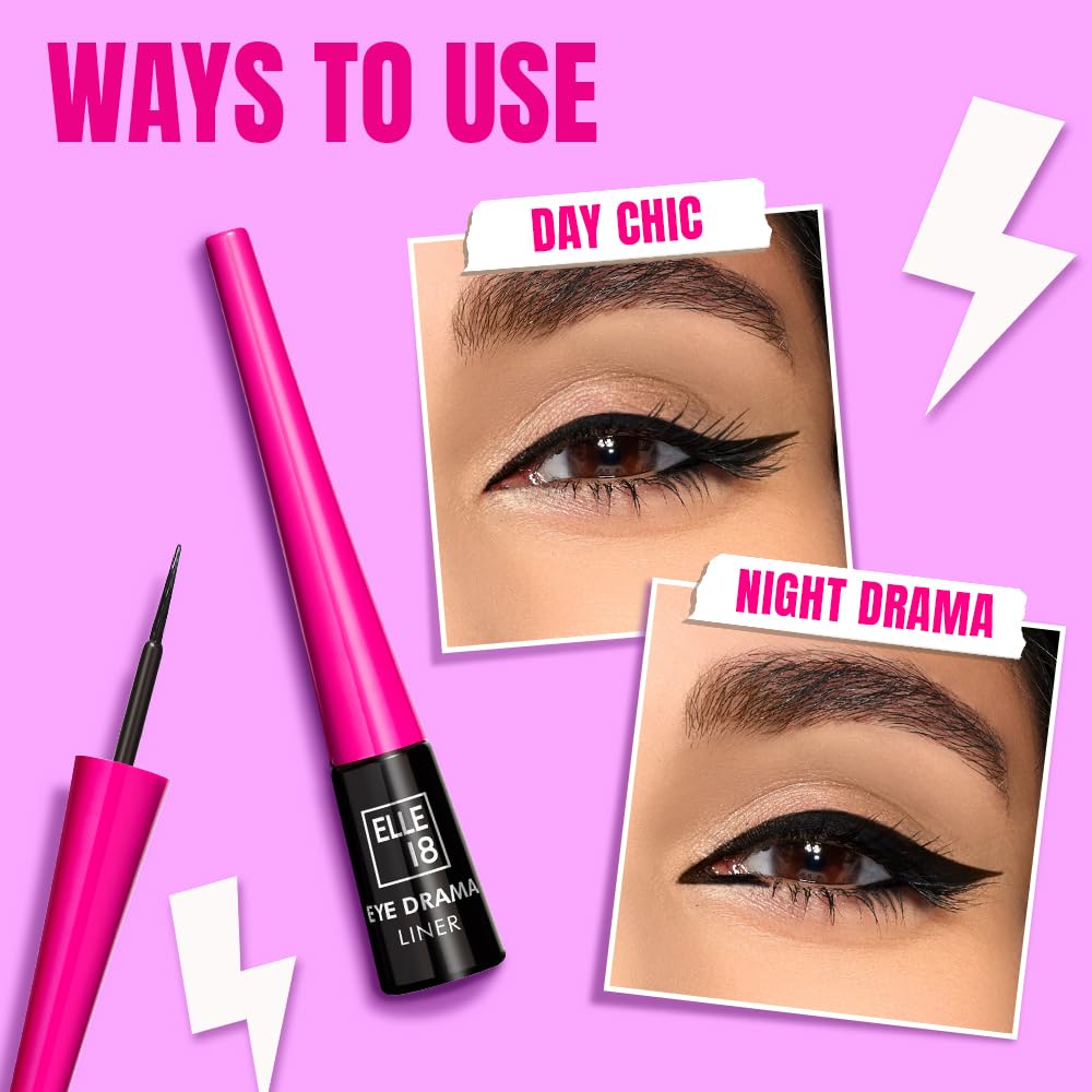 Elle 18 Eye Drama Liquid Eyeliner, Matte Finish, Intense Black, Long Lasting, Easy to Apply, Single Stroke Application, Water Resistant Formula | 3.5ml,Medium + Large - View 4 of 8