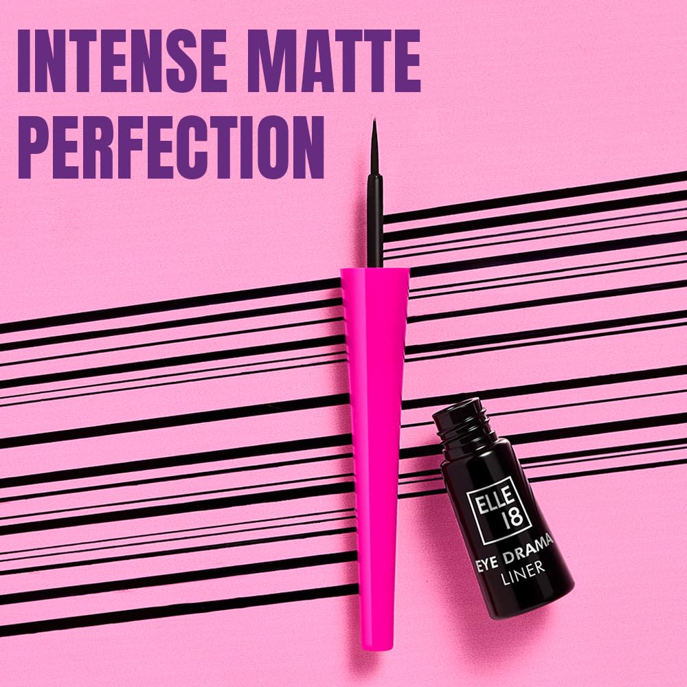 Elle 18 Eye Drama Liquid Eyeliner, Matte Finish, Intense Black, Long Lasting, Easy to Apply, Single Stroke Application, Water Resistant Formula | 3.5ml,Medium + Large - View 8 of 8