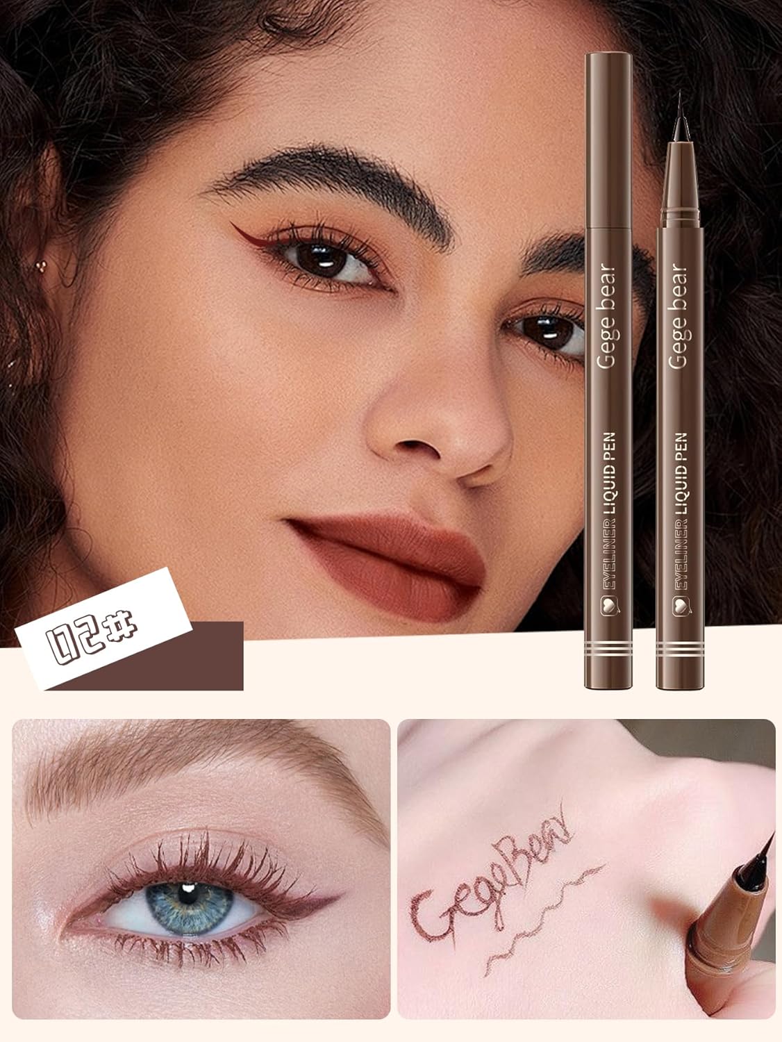 Gege Bear Liquid Eyeliner Pen | Ultra-Fine Tip for Sharp Wing & Cat Eye | Waterproof, Long-Lasting | Smudge-Proof Formula | Slim Brush Tip | 4 Natural Glam Bold Black & Brown Tones Shades | Perfect Eye Makeup for Girls Women (02#Ash Brown, 1ml) - View 3 of 8