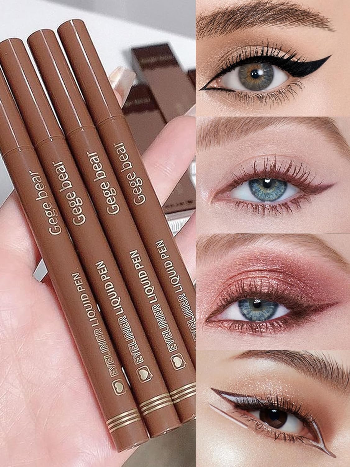 Gege Bear Liquid Eyeliner Pen | Ultra-Fine Tip for Sharp Wing & Cat Eye | Waterproof, Long-Lasting | Smudge-Proof Formula | Slim Brush Tip | 4 Natural Glam Bold Black & Brown Tones Shades | Perfect Eye Makeup for Girls Women (02#Ash Brown, 1ml) - View 8 of 8