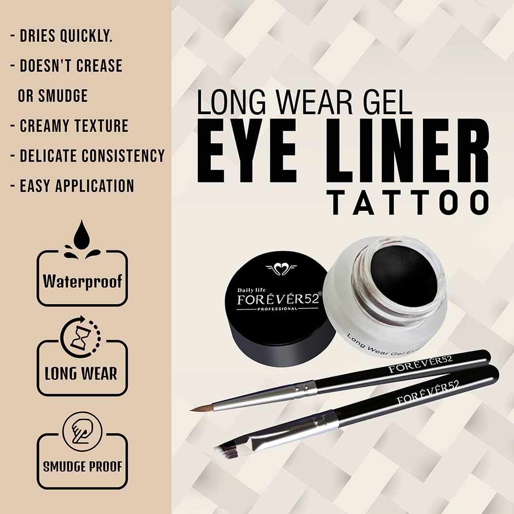 Daily Life Forever52 Long Wear Gel Eyeliner & Tattoo, Waterproof Smudgeproof Long Lasting Cream Eyeliner Gel with 2PCS Brushes for Smooth Aplication (Jet Black) (GT001) - View 5 of 6