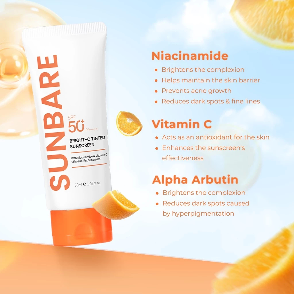 Sunbare Bright-C Tinted Sunscreen SPF 50 PA++++ with Niacinamide Vitamin C Protects Skin from Sun Damage(30ml) - View 3 of 3