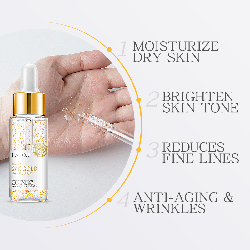LAIKOU 24K Gold Snail Face Serum 30ml Anti Aging Essence Hydrating Whitening Repairing Serum with Snail Extract Brightening Moisturizing Skin Care for Fine Lines Wrinkles Smooth Radiant Healthy Skin - View 2 of 3