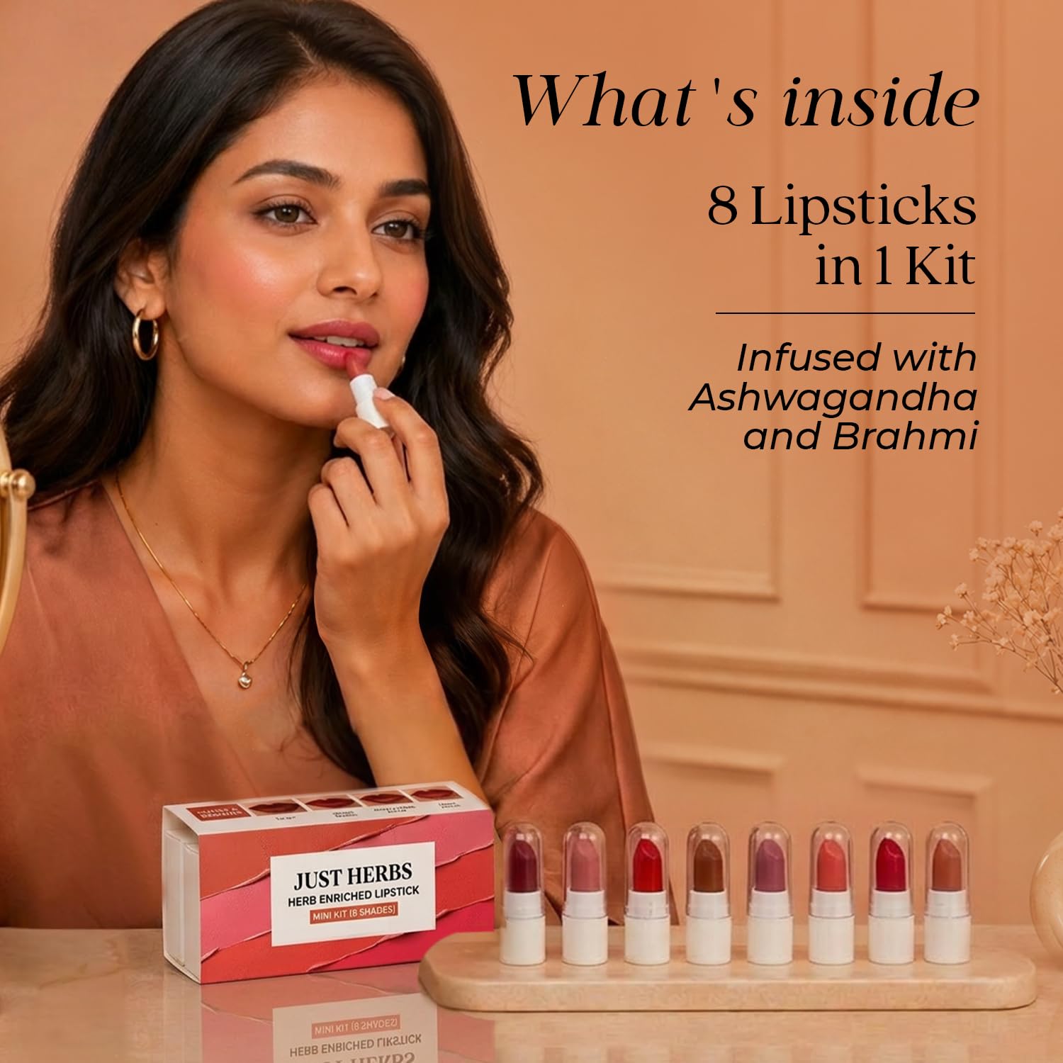Just Herbs Herb Enriched Lipstick Kit | 8 Creamy Matte Shades | Travel Friendly & Richly Pigmented | Infused with Ashwagandha, Brahmi & Castor Oil | Curated for Indian Skin Tones - View 6 of 6