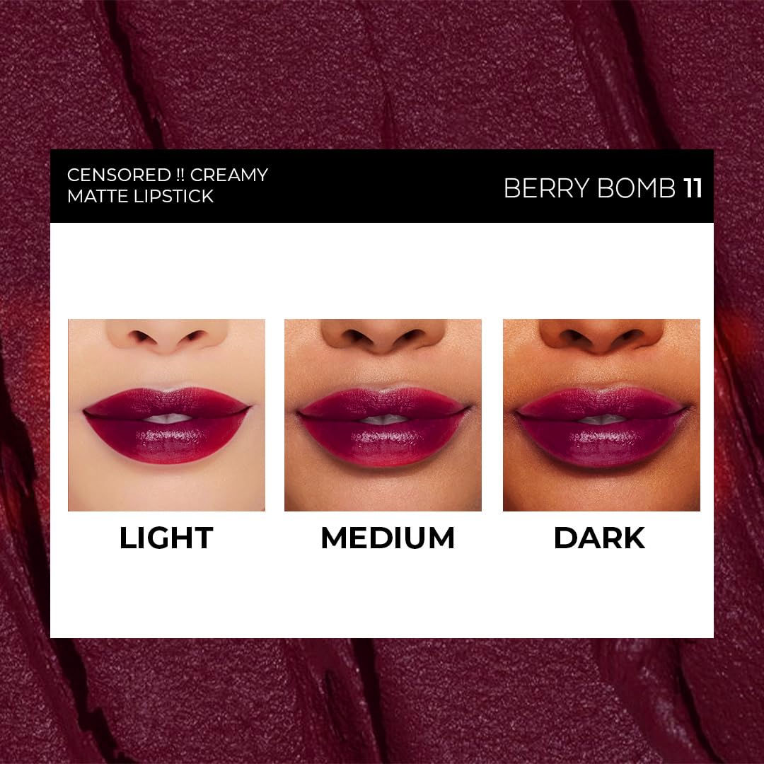 Censored Matte Long Lasting Lipstick for Women | Creamy Lipstick | Enriched with Jojoba Oil | Moisturising & Waterproof | Smooth Finish & Lightweight (Berry Bomb-11) - 4.2g - View 6 of 8