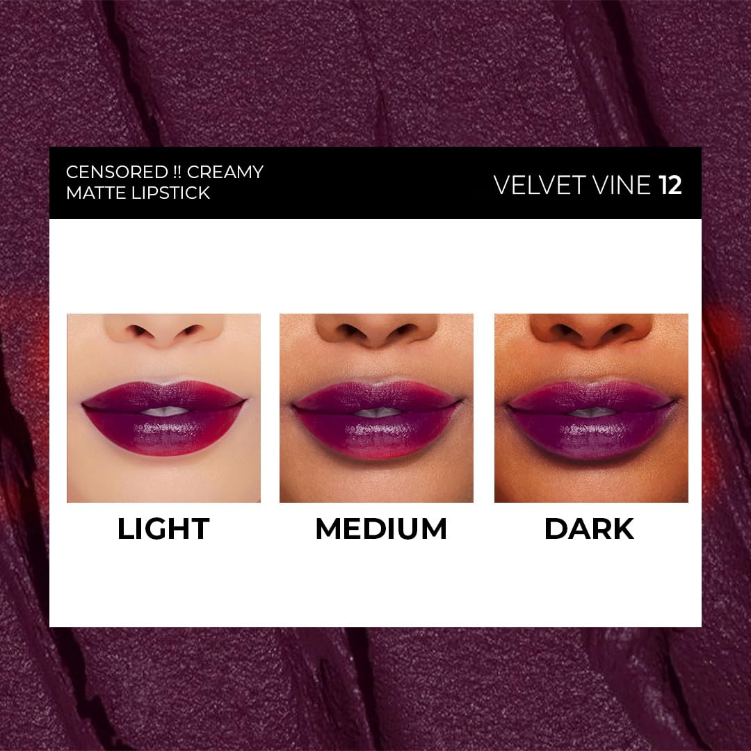Censored Matte Long Lasting Lipstick for Women | Creamy Lipstick | Enriched with Jojoba Oil | Moisturising & Waterproof | Smooth Finish & Lightweight (Velvet Vine-12) - 4.2g - View 3 of 6