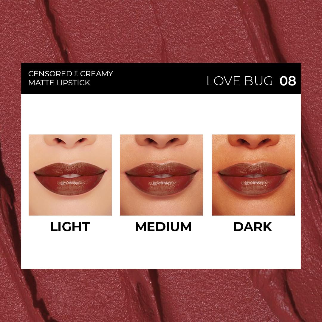 Censored Matte Long Lasting Lipstick for Women | Creamy Lipstick | Enriched with Jojoba Oil | Moisturising & Waterproof | Smooth Finish & Lightweight (Love Bug 08) - 4.2g - View 6 of 8