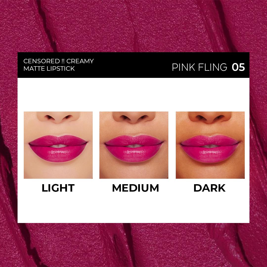 Censored Matte Long Lasting Lipstick for Women | Creamy Lipstick | Enriched with Jojoba Oil | Moisturising & Waterproof | Smooth Finish & Lightweight (Pink Fling 05) - 4.2g - View 5 of 8