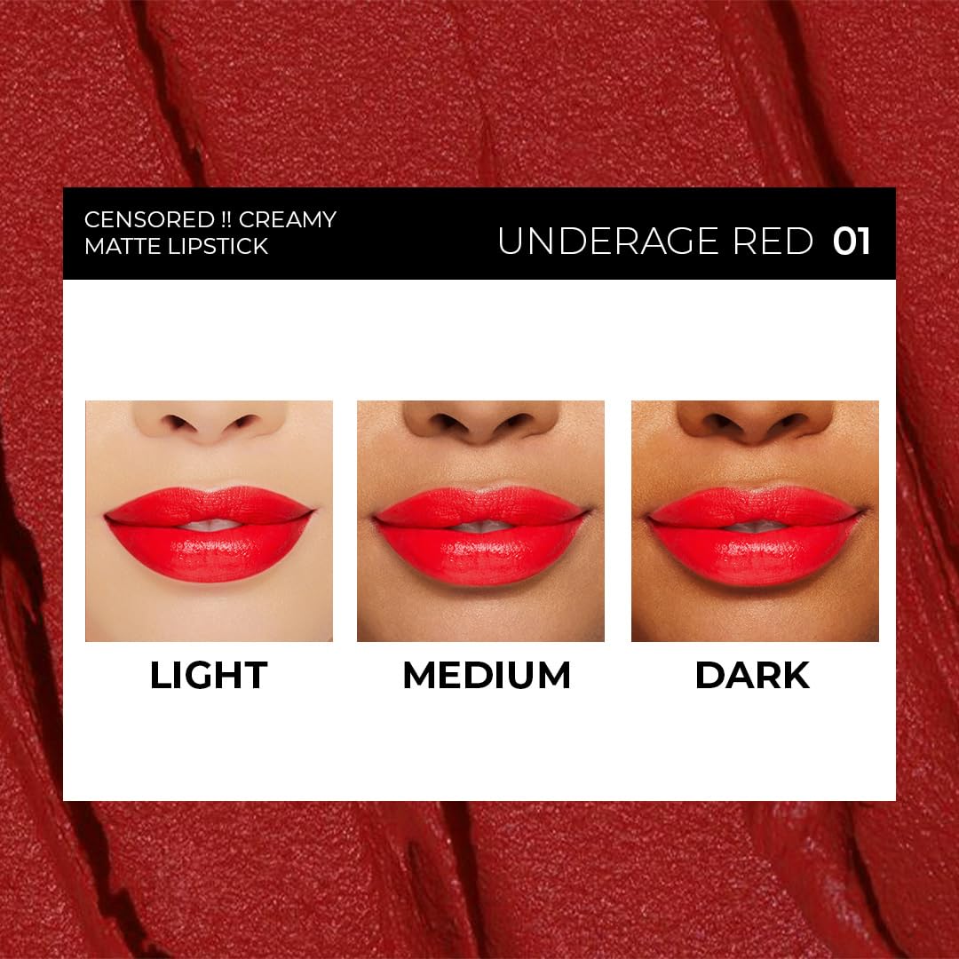 Censored Matte Long Lasting Lipstick for Women | Creamy Lipstick | Enriched with Jojoba Oil | Moisturising & Waterproof | Smooth Finish & Lightweight (Underage Red 01) - 4.2g - View 4 of 7
