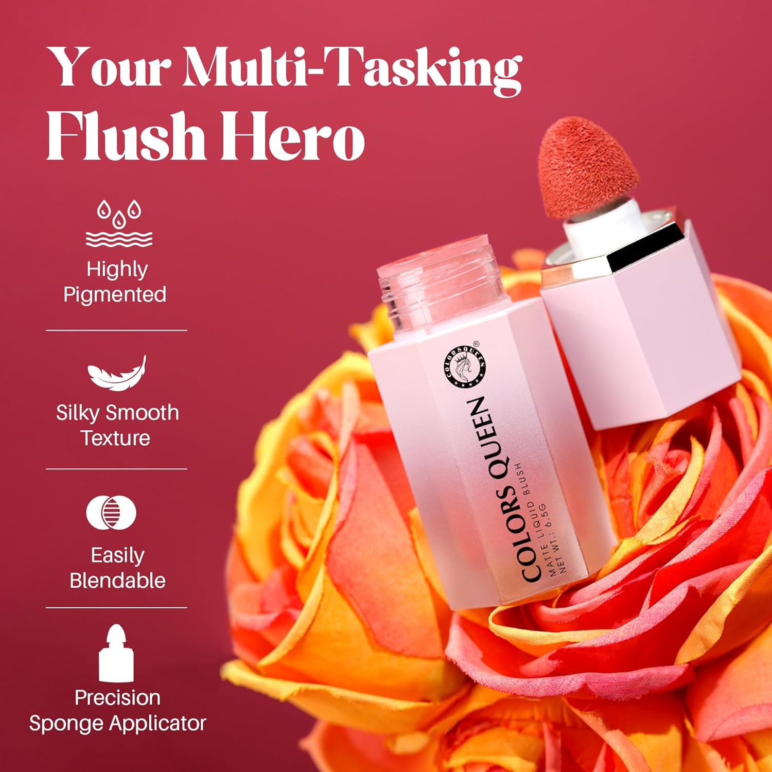Colors Queen Matte Liquid Blush | Highly Pigmented Liquid Blush | Smooth Texture & Easily Blendable | Long Lasting & Lightweight Blusher for Face, Eye & Lips with Sponge Tip Applicator (04 - Rosy Glow, 6.5g) - View 7 of 7