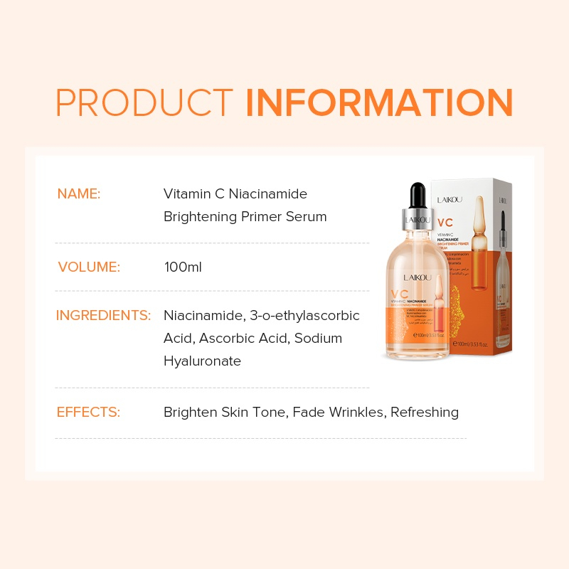 LAIKOU Vitamin C Niacinamide Primer Serum Makeup Base Essence Brightening 100ml – Hydrating Brightening Facial Primer Serum for Smooth Makeup Application, Oil Control, Moisturizing, Radiant Skin, Lightweight Daily Skincare Solution - View 3 of 3