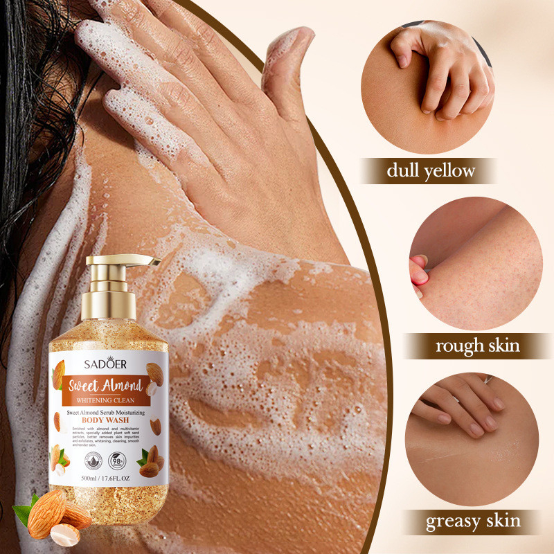 SADOER Sweet Almond Scrub Whitening Moisturizing Shower Gel – Exfoliating Cleansing Body Wash for Smooth Soft Skin, Hydrating Brightening Care, Deep Cleaning Scrub Gel, Daily Bath and Body Skincare Use - View 2 of 3