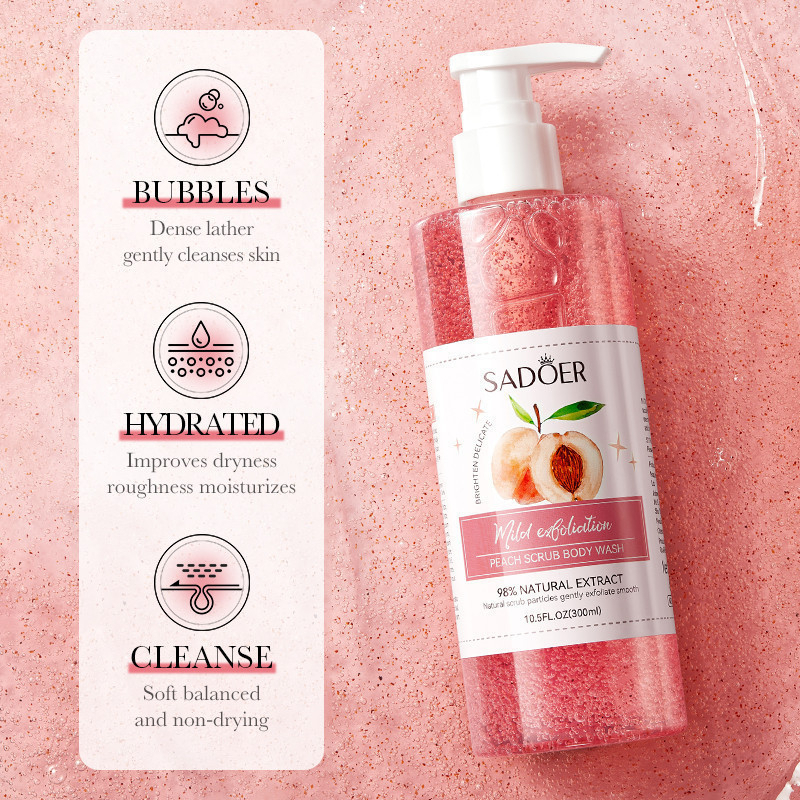 ROREC SADOER Peach Scrub Body Wash 300ml – Brightening Exfoliating Shower Gel with Natural Scrub Particles for Gentle Mild Exfoliation, Deep Cleansing, Smooth Soft Skin, Hydrating Daily Body Care - View 3 of 3