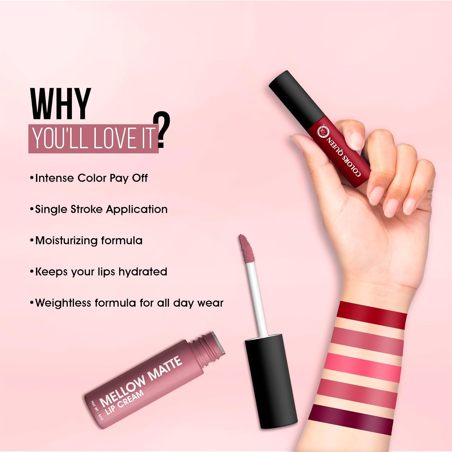 Colors Queen Mellow Matte Lip Cream, Long Wear Liquid Matte Lipstick, Velvety Soft Finish, Weightless Formula, Long Lasting Lipstick for Women (17 - Nude Latte) - View 3 of 5