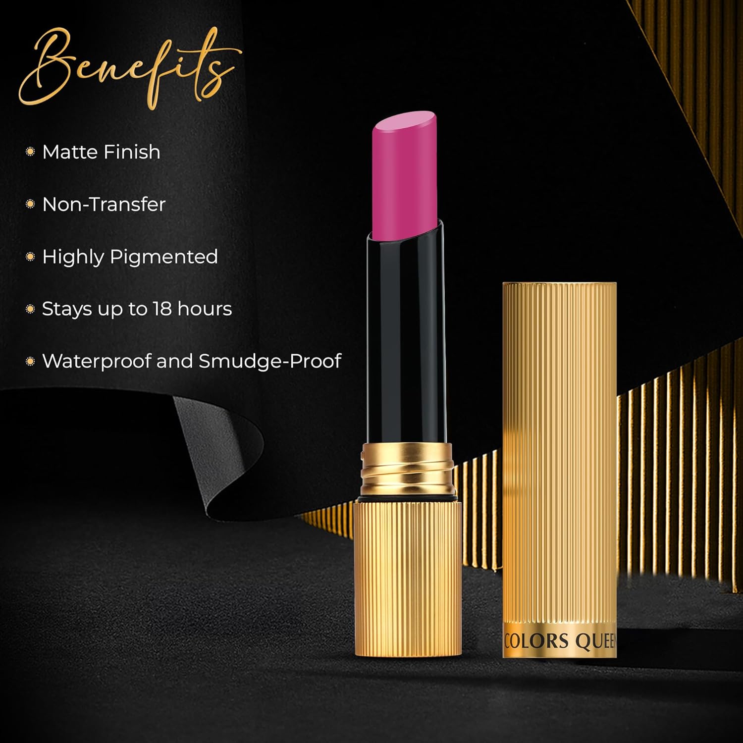 Colors Queen Hold Up Full Day Non-Transfer Matte Lipstick | Long Lasting and Weightless Formula | Intense Color Pay Off | Waterproof Lipstick for Women (110 - Magenta, 4g) - View 6 of 6