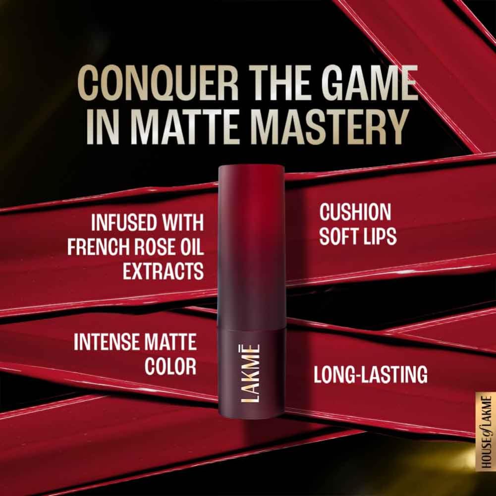 Lakme Forever Matte Lipstick, Waterproof, Non Drying, Creamy Matte Bullet Lipstick Made With French Rose Oil Extracts, Red Crimson, 4.5g - View 5 of 8