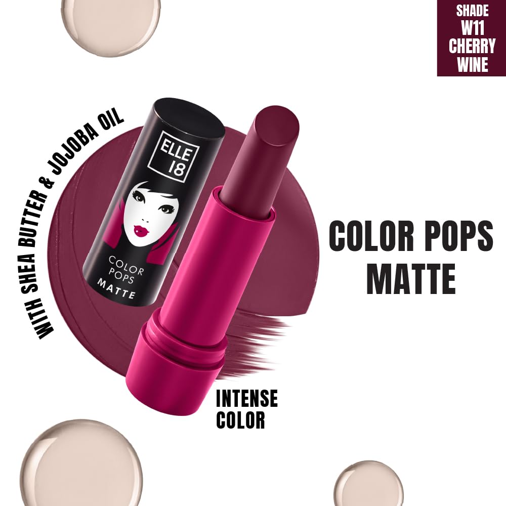 Elle 18 Color Pops Matte Lipstick, Cherry Wine, Moisturising Bullet Matte, with Vitamin E, Highly Pigmented, Infused with Jojoba Oil and Shea Butter | 4.3 g - View 2 of 10