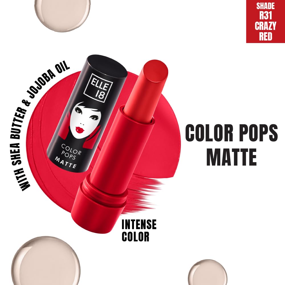 Elle 18 Color Pops Matte Lipstick, Crazy Red, Moisturising Bullet Matte, with Vitamin E, Highly Pigmented, Infused with Jojoba Oil and Shea Butter | 4.3 g - View 9 of 9