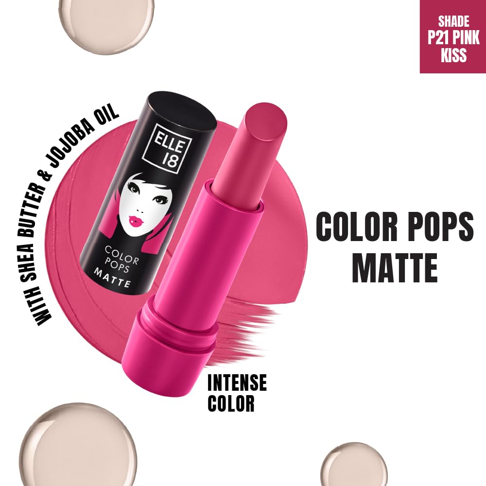 Elle 18 Color Pops Matte Lipstick, Pink Kiss, Moisturising Bullet Matte, with Vitamin E, Highly Pigmented, Infused with Jojoba Oil and Shea Butter | 4.3 g - View 2 of 9