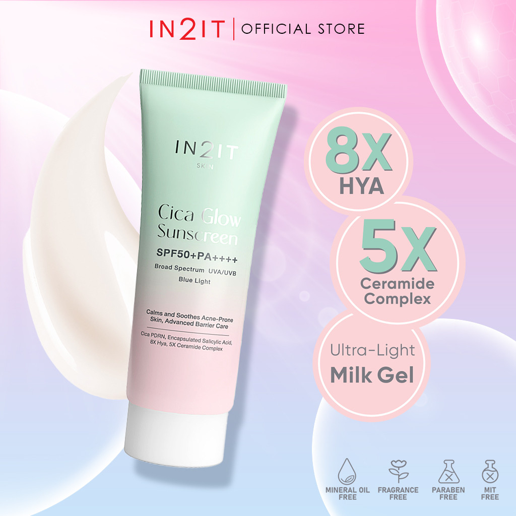 IN2IT Cica Glow Sunscreen SPF50+ PA++++ 40g (CGS) Halal Certified Soothing Brightening Sunscreen with Centella Asiatica for Sensitive Skin Lightweight Hydrating Daily UV Protection Face Care Dermatologically Tested Gentle Formula - View 2 of 3