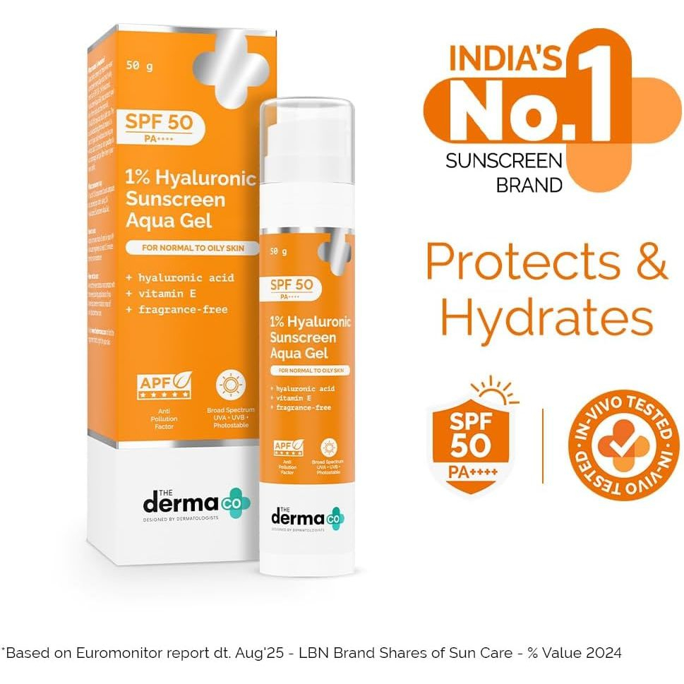 The Derma Co 1% Hyaluronic Sunscreen Aqua Gel SPF 50 PA++++ Deep Hydration Lightweight Oil-Free Gel Sunscreen for Face, Broad Spectrum UV Protection, Moisturizing Daily Sun Defense 50g Skincare - View 2 of 3