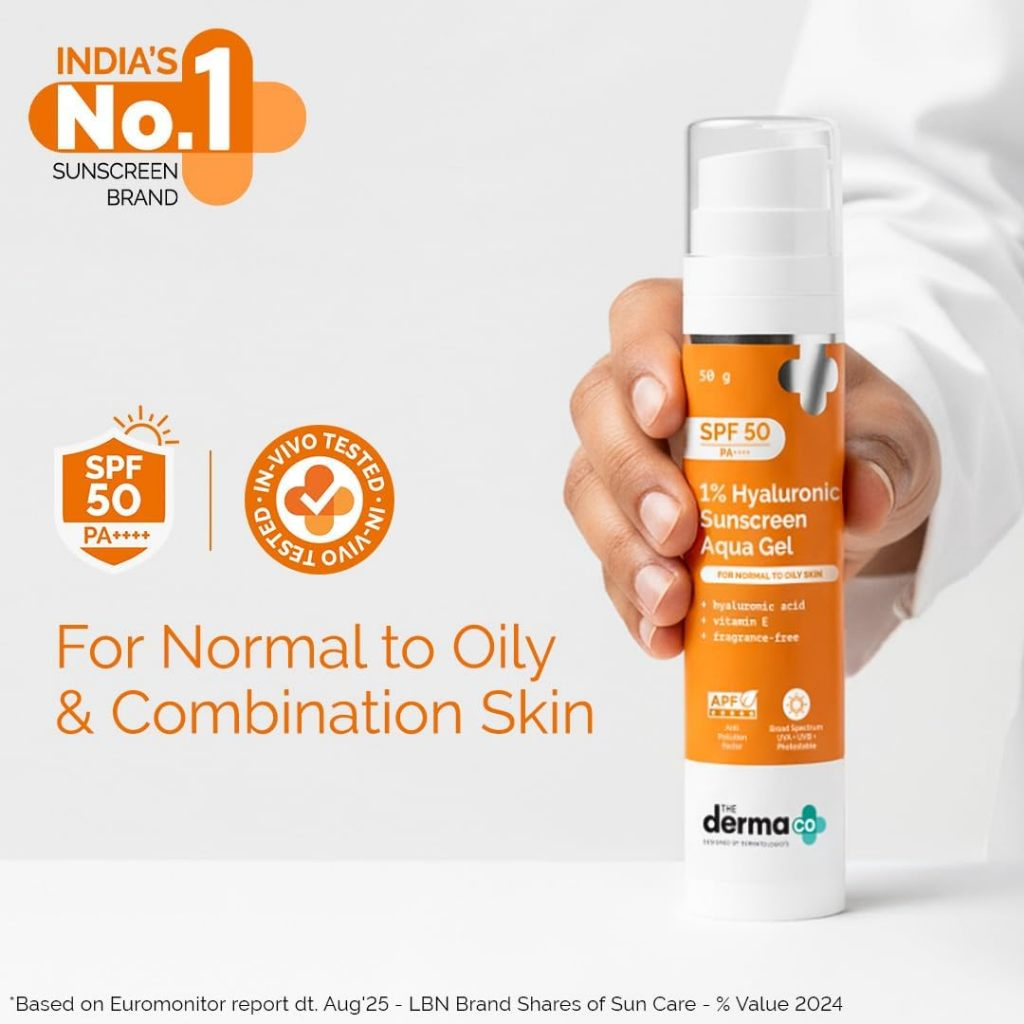 The Derma Co 1% Hyaluronic Sunscreen Aqua Gel SPF 50 PA++++ Deep Hydration Lightweight Oil-Free Gel Sunscreen for Face, Broad Spectrum UV Protection, Moisturizing Daily Sun Defense 50g Skincare - View 3 of 3
