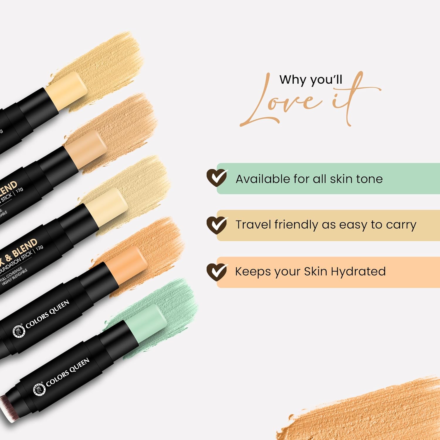 QUEEN - Fix & Blend - Matte Foundation Stick | Medium to Full Coverage Foundation for Women with Inbuilt Blending Brush | Gives Natural Matte Finish (Jade Jockey (08 - Green) - View 4 of 5