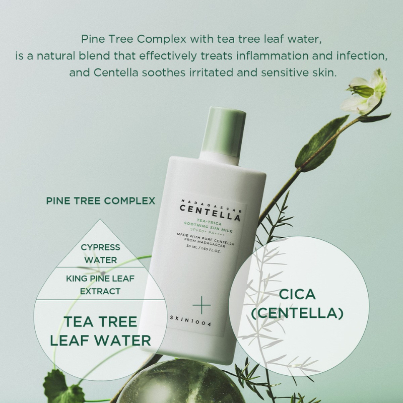 SKIN1004 Madagascar Centella Tea-Trica Soothing Sun Milk 50ml lightweight soothing sunscreen with Tea Tree and Centella Asiatica providing SPF protection oil control hydration and calming care for sensitive acne-prone skin daily. - View 2 of 3