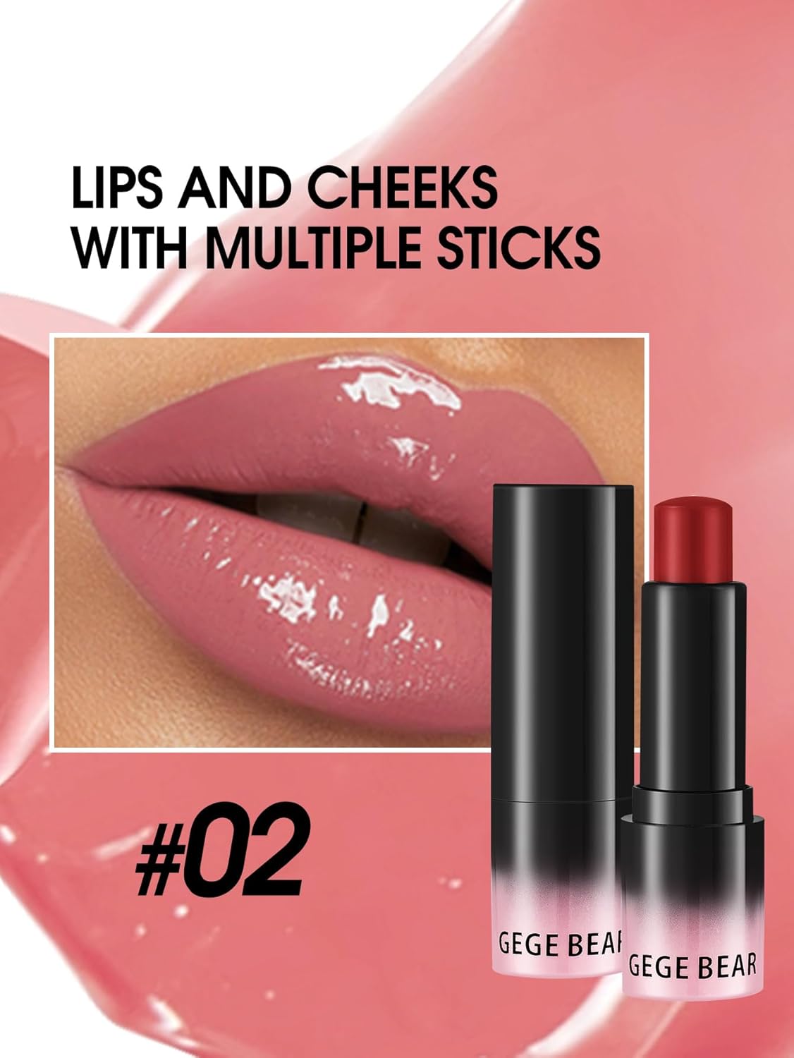 Gege Bear 2-In-1 Lip And Cheek Color Stick | Lightweight Moisturizing Formula | Glossy Shades Soft And Soft, Wave & Rumor | Lipstick With Cream Blush Finish | Buildable Pigment, Thin Light Moist Texture | Versatile Multi-Use Makeup Stick For Girls, Teens & Women (02#Wave, 4g) - View 3 of 6