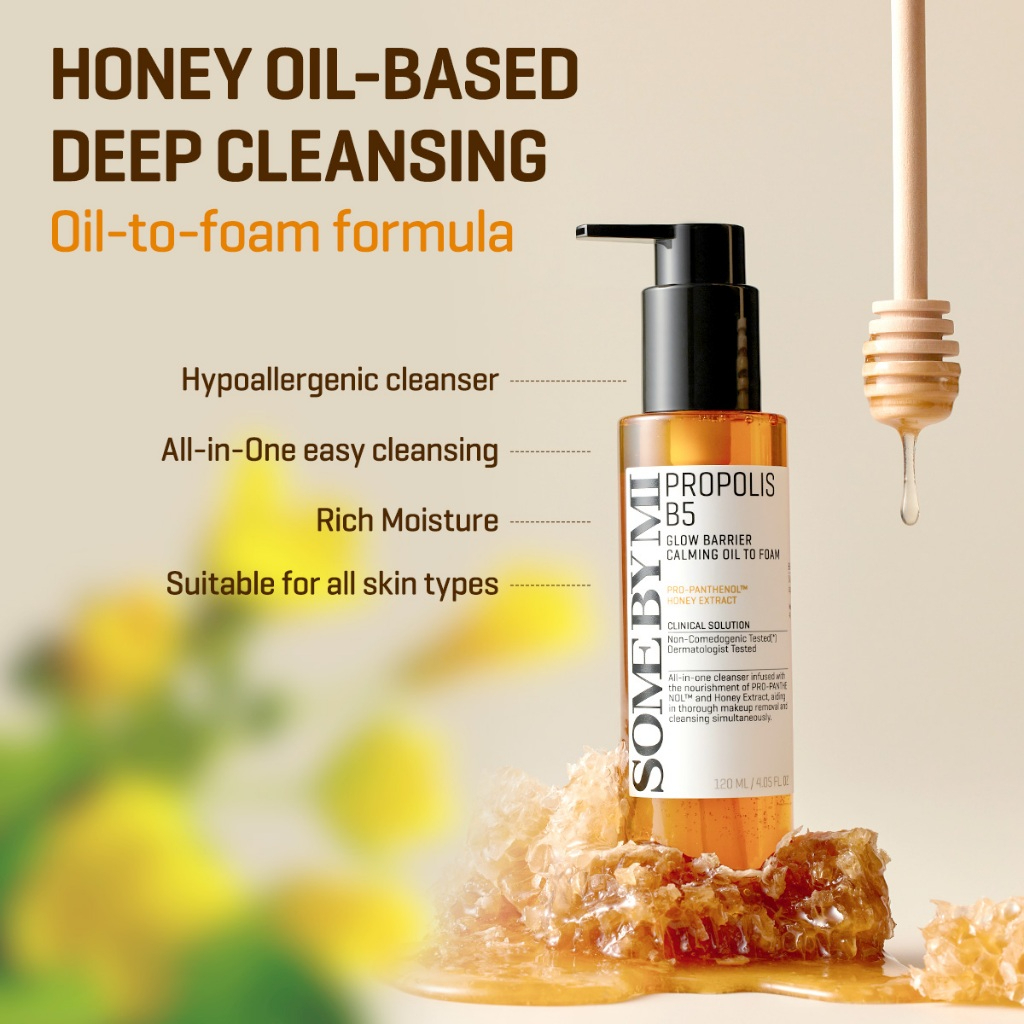 SOME BY MI Propolis Glow Barrier Calming Oil To Foam Cleanser 30ml transforming facial cleanser oil-to-foam formula with Propolis extract gently removes makeup impurities while calming skin and supporting healthy skin barrier daily. - View 2 of 3