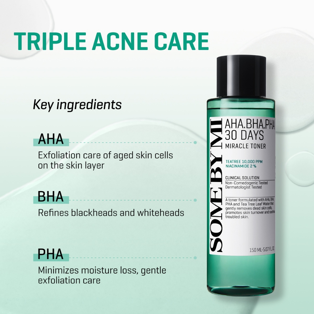SOME BY MI AHA-BHA-PHA 30 Days Miracle Toner 30ml travel size mild exfoliating facial toner with Tea Tree essence helping unclog pores reduce acne and smooth skin texture gently for clearer complexion daily. - View 3 of 3
