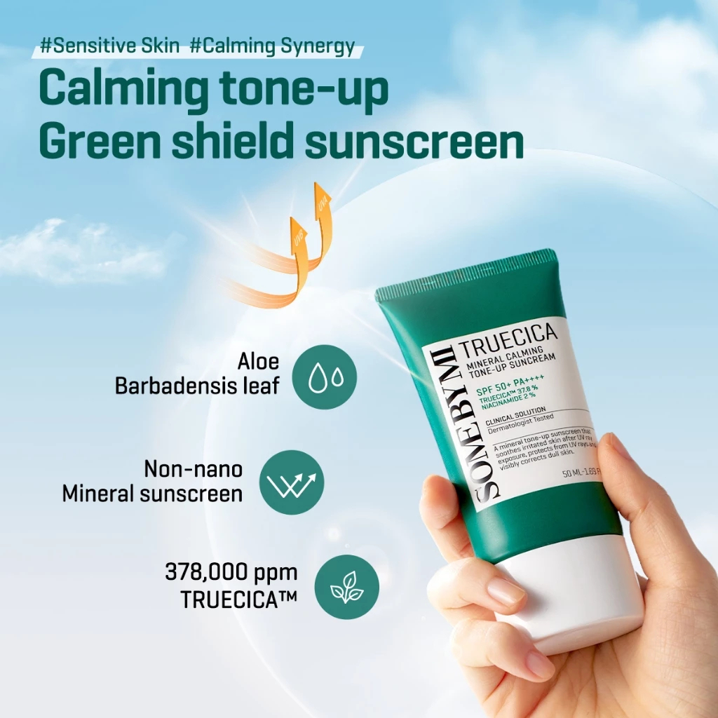 SOME BY MI Truecica Mineral Calming Tone-Up Sun Cream 50ml mineral sunscreen with Truecica formula providing UV protection instant brightening tone-up effect soothing sensitive skin while helping calm irritation and improve skin comfort daily. - View 2 of 3