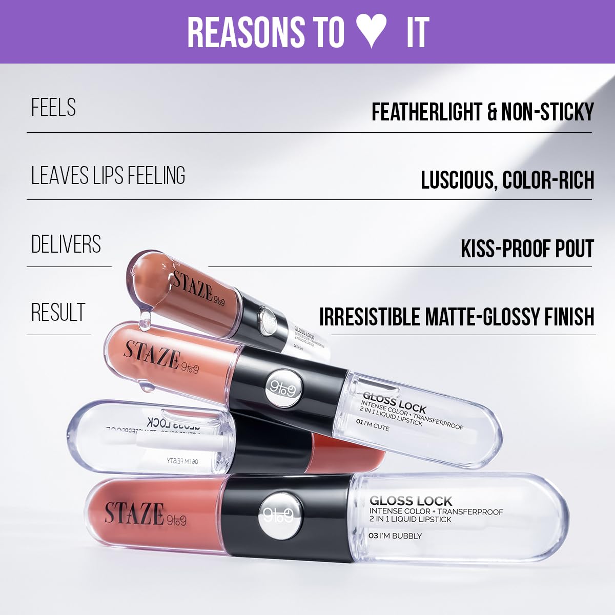 Staze Gloss Lock 2-in-1 Liquid Lipstick | Matte Lipstick + High-Shine Transferproof Gloss | 12H Long-lasting | Intense Pigment | Lightweight & Waterproof | 02 I'm Pretty | 7g - View 2 of 5